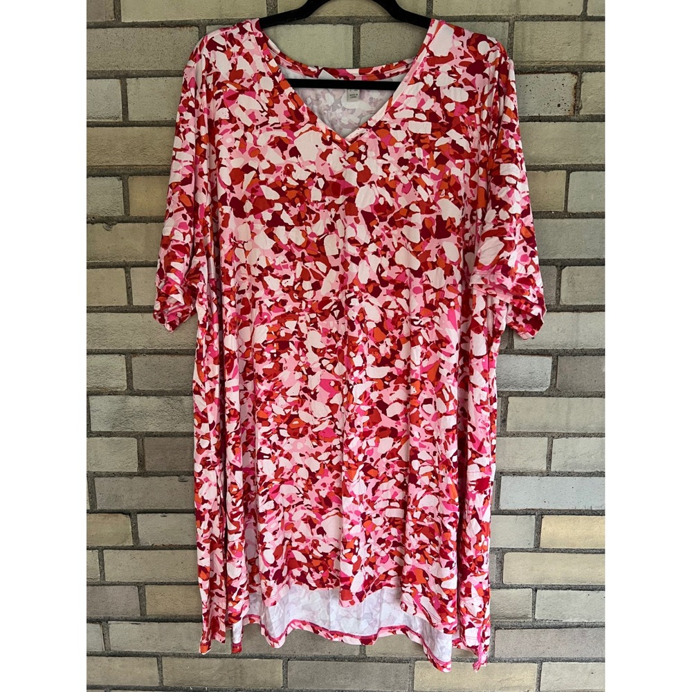 LOGO Lori Goldstein Pink Red Abstract Print V-Neck Tunic Top Plus Size 3X